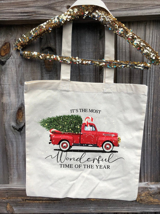 Christmas Tote Bag, Vintage Red Truck with Christmas Tree Tote, Most wonderful time of the year Tote, Vintage Truck, Holiday Tote Bag